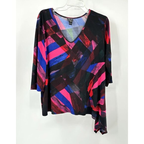 CLARA SUN WOO shirt top tunic asymmetrical geometric 3/4 sleeve colorful plus 1X - Picture 1 of 8